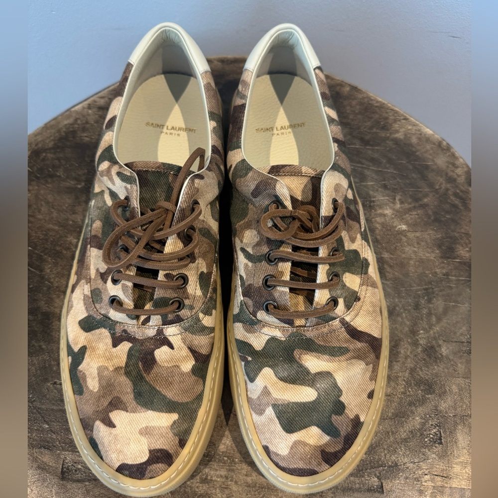 SAINT LAURENT VENICE LACE UP CAMO CANVAS SNEAKERS